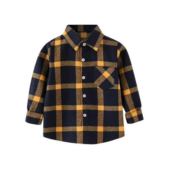 Toddler Boys Long Sleeve Shirts Plaid Flannel Boys Shirts Lapel Button Down Sweatshirts With Pockets Baby Girls Top Coat Kids Clothing Yellow 18-24 Months