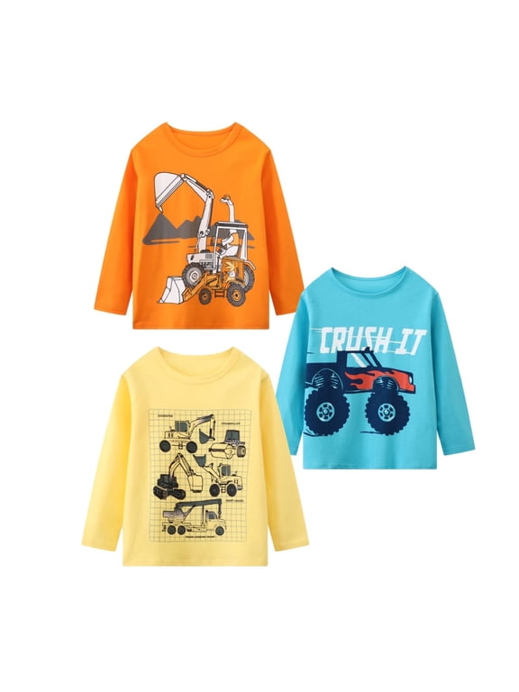 Toddler Boys' Cotton Crewneck Excavator Graphic Tee, Long Sleeve, 3-Pack (Yellow & Blue, 4T)