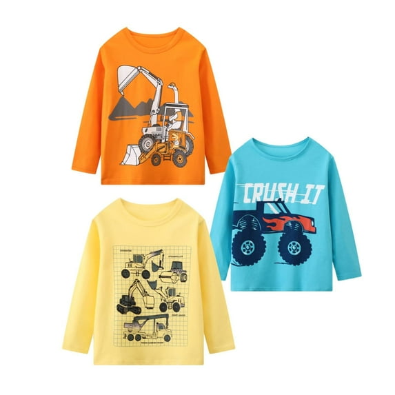 HILEELANG Toddler Boys' Cotton Crewneck Long Sleeve Tee Shirt, Excavator Graphic, Yellow/Blue, 3-Pack, 5T