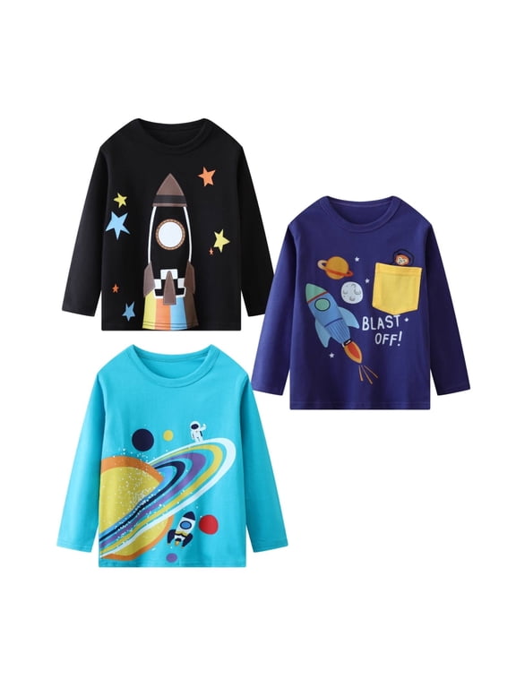 Toddler Boys' Long Sleeve Tee Shirt Christmas Cotton Casual Crewneck Rocket Graphic Tops T-Shirts Black Blue 3 Packs Sets 4T