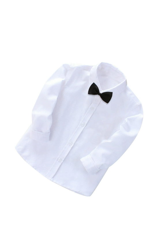 Toddler Boys Long Sleeve Uniform Classic Solid Cotton Dress Shirt Long Sleeve Button Down Casual Dress Shirt with Bow Tie