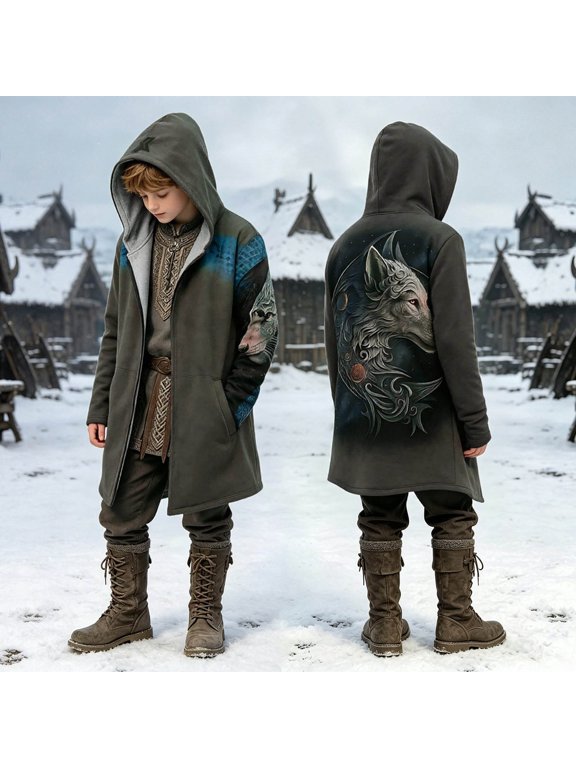 Toddler Boys Norse Wolf Print Hooded Long Coat with Open Front for Winter Warm Outdoor Outerwear Jackets 5-6 Years Jacket for Little Kids
