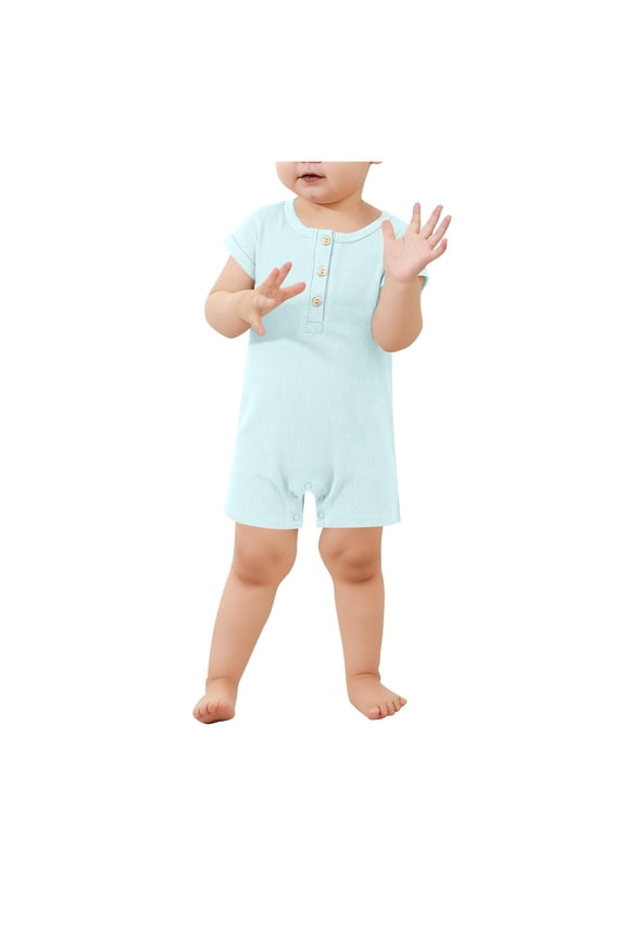 Toddler Boys One Piece Onesies Short Sleeve Button Down Jumpsuit Spring Summer Comfy Soft Lightweight Romper (12-18 Months, Blue)