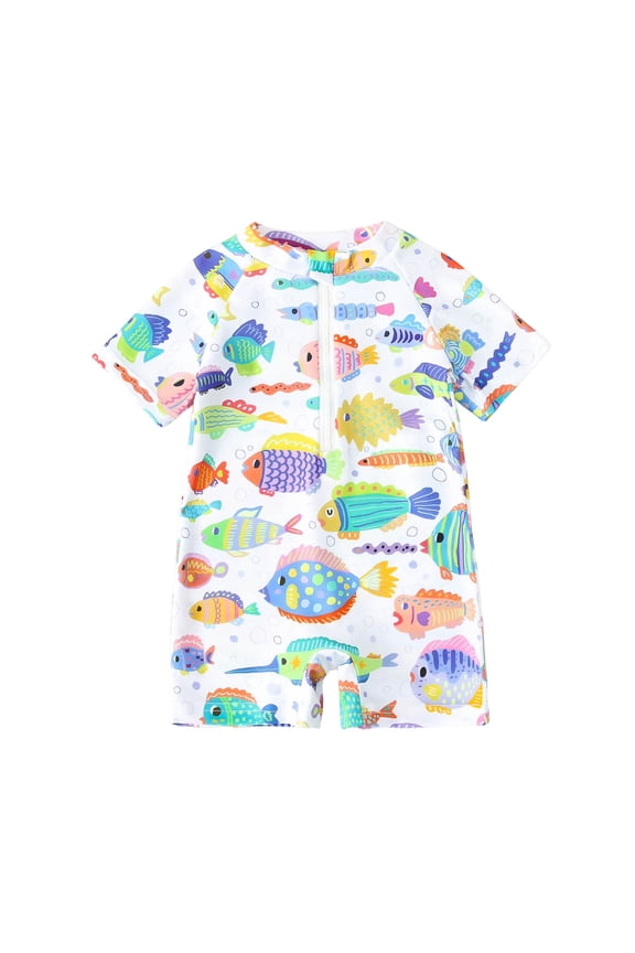 Toddler Boys One-Piece Swimsuit, 1-5T Summer Short Sleeve Cartoon Animal Sun Protection Bathing Suit,White