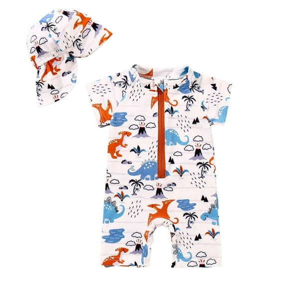 Toddler Boys One Piece Swimsuit Zipper Bathing Suit Hat Swimwear Size 4-5T