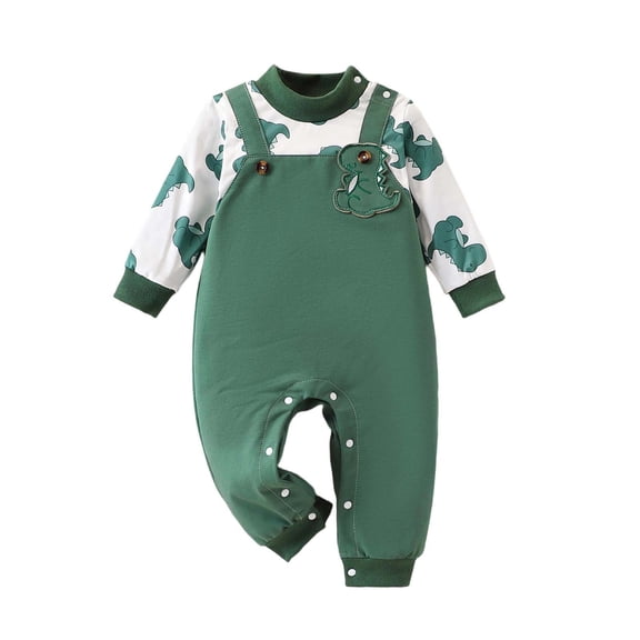 Toddler Boys Oneises Crew Neck Long Sleeve Button Down Print Jumpsuits Comfy Stylish Cute Fake Two Piece Suit 0-6M (1 Month, Green)