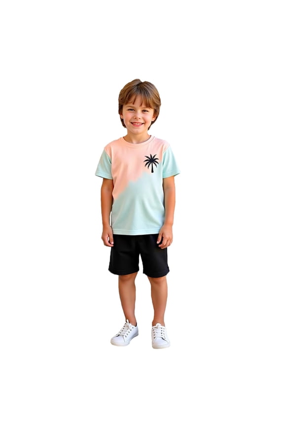 Toddler Boys Outfit Set Bohemian Color Block Coconut Tree Prints T-Shirt Tops And Shorts Set Summer Beach Children Kids Boys Outfit Sets，2 Piece，4 -5 Years