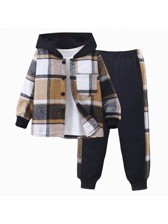Toddler Boys Outfit Sets Casual Kids Fall Winter Clothes Long Sleeve Plaid Hoodies and Sweatpants 3T 4T 5T 6T 7T Toddeler Boys Winter Clothes,Khaki,7 Years
