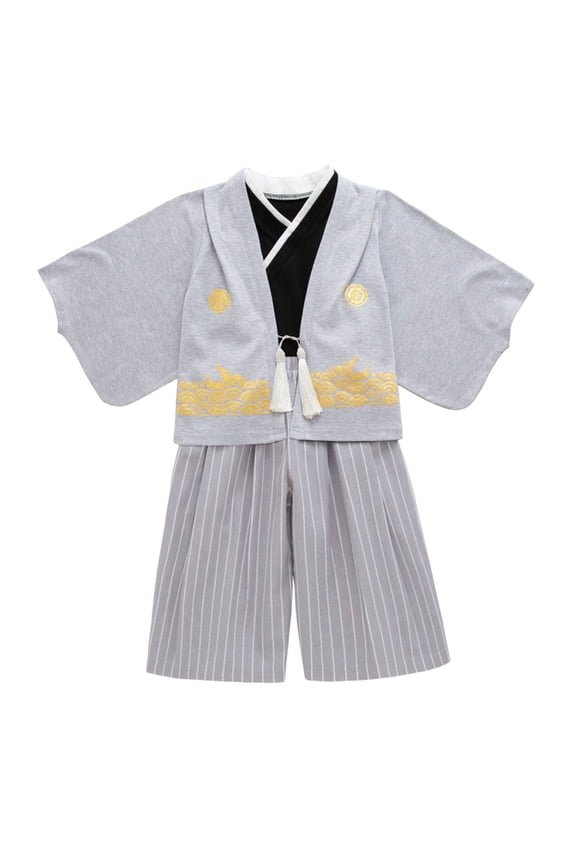 Toddler Boys Outfit Sets Long Sleeve Coat Vest Stripes Pants Set Kimono Traditional Clothing Kids Boys Ormal Wedding Party Outfit Sets，2Piece，4 -5 Years