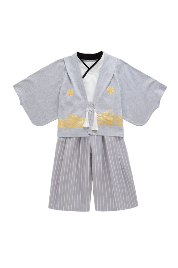 Toddler Boys Outfit Sets Long Sleeve Coat Vest Stripes Pants Set Kimono Traditional Clothing Kids Boys Ormal Wedding Party Outfit Sets,2Piece,6 -7 Years
