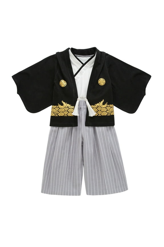 Toddler Boys Outfit Sets Long Sleeve Coat Vest Stripes Pants Set Kimono Traditional Clothing Kids Boys Ormal Wedding Party Outfit Sets，2Piece，7 -8 Years