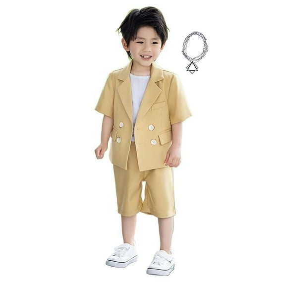 Toddler Boys Outfit Sets Necklace Solid Color Print Short Sleeve Tops And Shorts Set Summer Kid Boys Birthday Party Formal Outfits Sets,3 Piece,7 -8 Years
