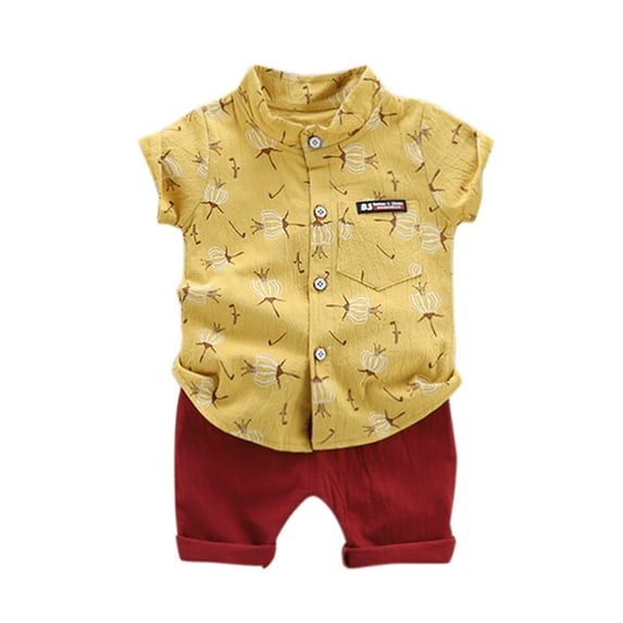 Toddler Kids Boy Outfits Printed Short Sleeve Button Down T-Shirts with Pocket+Solid Color Shorts 2PCS Clothes Set For 6-12 Months