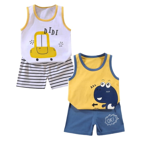 Toddler Boys Outfits 18 Months Summer Boys Girls 4 Piece Outfits, Toddler Boys Casual Clothing Set, Baby Summer Boy Cute Printed Round Neck Tank Shorts Suit