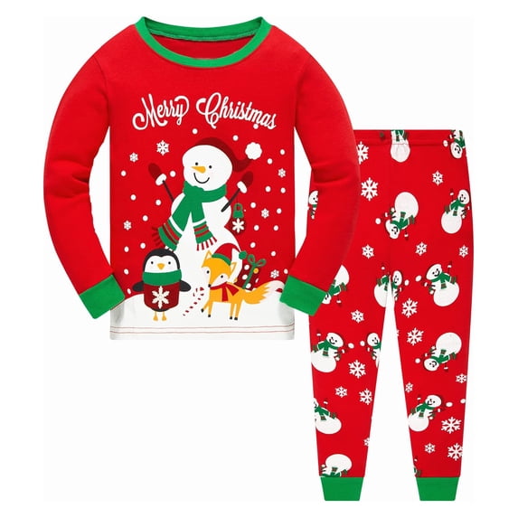 Toddler Boys Outfits Long Sleeved Christmas Snowman Pattern Print Tops and Pants 2 Piece Sleepwear Clothes Set Size 2-3T ,Red