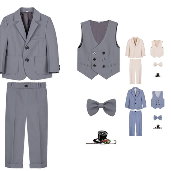 Toddler Boys Outfits Plaid Long Sleeve Shirt and Pants Coat Bow Tie Outfits 5Pc Suit Clothe Outfits Size 4-5T ,Gray