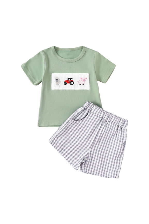 Toddler Boys Outfits Short Sleeve Graphic T-Shirt Gingham Shorts Summer Clothing Set Casual Outdoor Clothing Sets