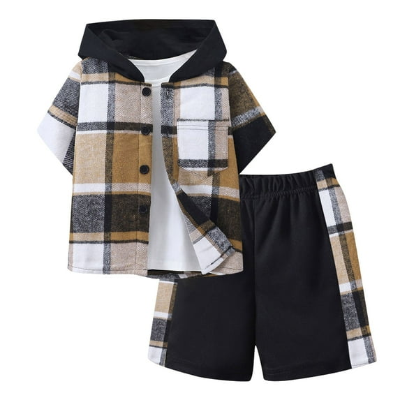 Toddler Boys Outfits Size 4T Boys Clothes Plaid Hooded Shirt 2pcs Outfit: Button Front Toddler Fall Winter Hoodie & Jogger Set (4-8 years)