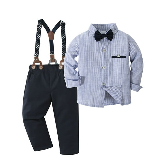 Toddler Boys Outfits Suits Baby Formal Party Clothes Striped Shirt Suspender Pants Tie 12 Months-5T