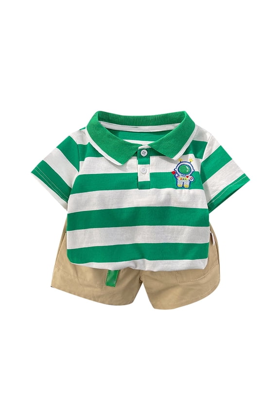 Toddler Boys Outfits Summer New Lapel Striped Short Sleeved T Shirt + Solid Color Shorts Set Clothing Sets,2-Piece,Size 12 Months-18 Months
