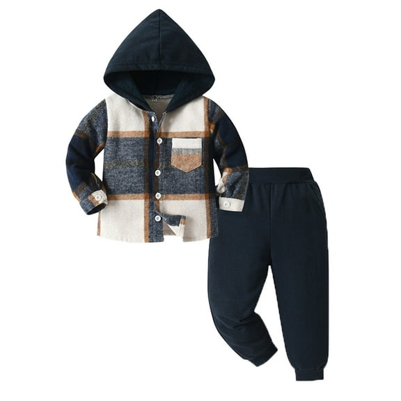 Toddler Boys Outfits Two Piece Long Sleeve Casual Plaid Prints Gentleman Hooded Tops Holiday Shirts T Shirt Pants Sets Size 4-5T