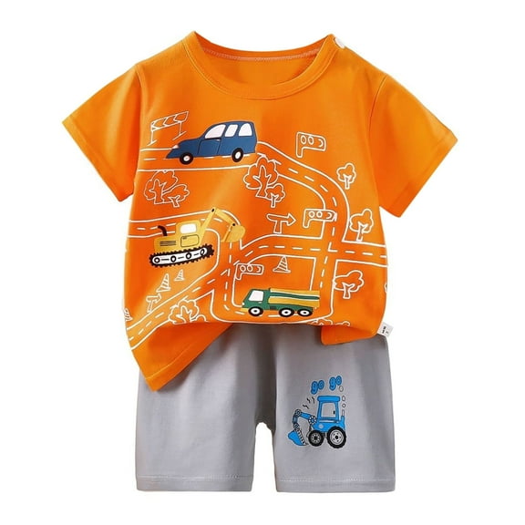 Toddler Boys Pajamas Cotton Summer Pjs for Boy Jammies Short Sleeves Cute Cartoon Prints Tops Shorts 2PCS Outfits Sleepwear Short Sets,ZA06-Orange,3-4 Years
