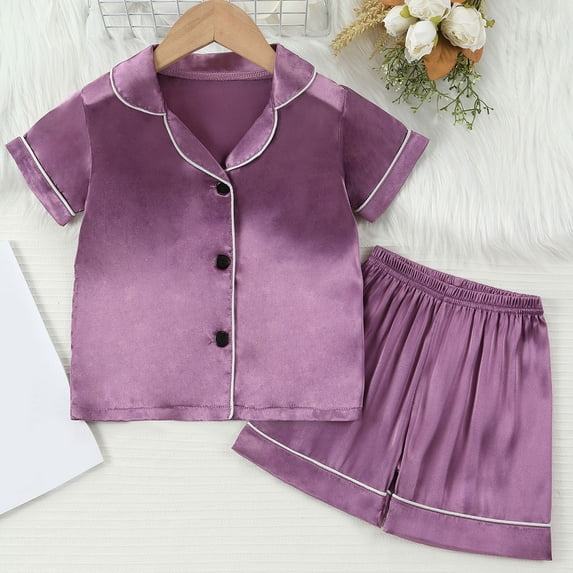 Toddler Girls Pajamas Set 2 Pieces Short Sleeve Button Down Sleep Shirt Top Pajamas Pants Toddlers Pajamas for kids' daily 18-24 Months