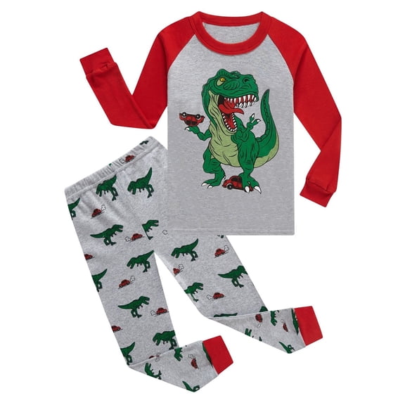Toddler Boys Pajamas Set 5T Children's Homewear Long Sleeve Boys Cartoon Green Dinosaur Print Pajamas Autumn And Winter Warm Pajamas Grey-1, 5-6 Years
