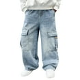 thumbnail image 1 of Toddler Boys Pants Denim Solid Color Straight Leg Cargo Jeans With Pockets Loose Casual Trousers Holiday Wear,Blue,4-5 Years, 1 of 9
