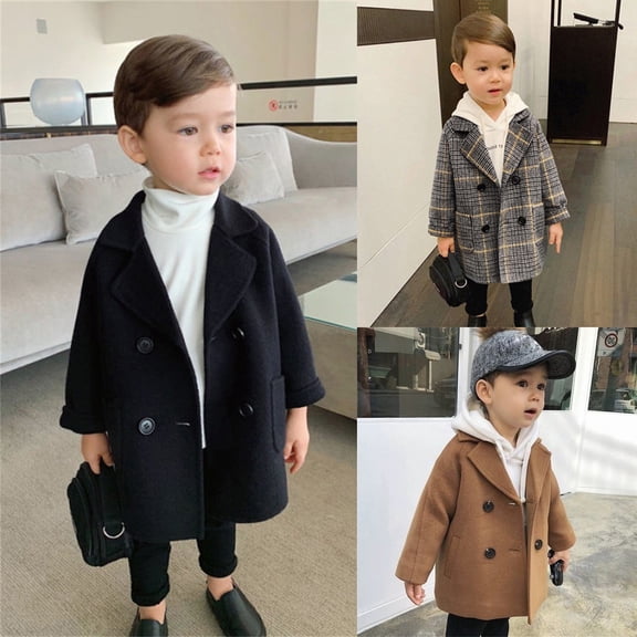 Toddler Boys Peacoat Kids Wool Like Trench Coat Double Breasted Mid Length Winter Jacket with Pockets Outerwear 1-5Y