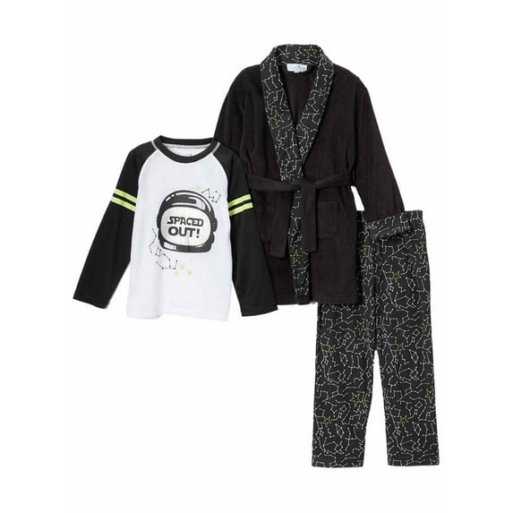 Toddler & Boys Plush Black Spaced Out Hoodie Bath Robe & Pajamas Sleep Set 4T
