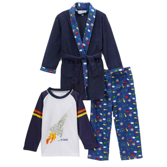 Toddler Boys Plush Blue Blast Off Bath Robe & Pajamas Sleep Set Rocket Ship 4T