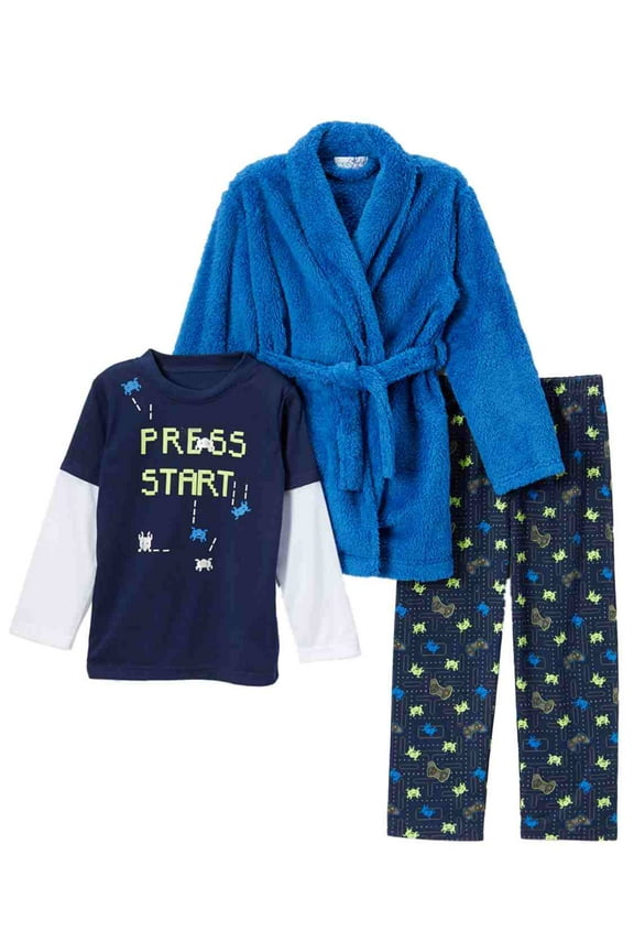 Toddler Boys Plush Blue Gamer Hoodie Bath Robe & Pajamas Sleep Set 2T