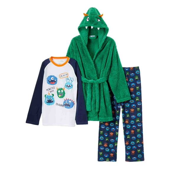 Toddler & Boys Plush Green Monster Hoodie Bath Robe & Pajamas Sleepwear Set 12