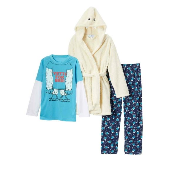 Toddler & Boys Plush Yeti For Bed Hoodie Bath Robe & Pajamas Sleepwear Set 12