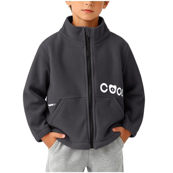 Toddler Boys Polar Fleece Jacket Full Zip Stand Collar Warm Outerwear Coat with Pockets Long Sleeve Fall Winter Casual Active Tops Cute Graphic School Playwear, Size 5-6