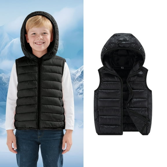 Toddler Boys Puffer Vest Hooded Black Vest Kids Full-Zip Sleeveless Lightweight Boys Puffer Jacket Girls Vests 3-4 Years