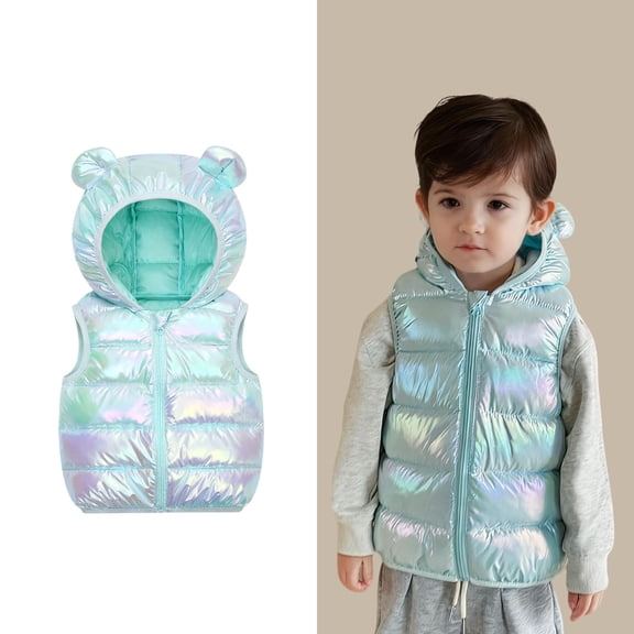 Toddler Boys Puffer Vest Hooded Green Vest Kids Zip up Sleeveless Bear Ears Lightweight Kids Puffer Jacket Fall Winter Clothes 1-2 Years