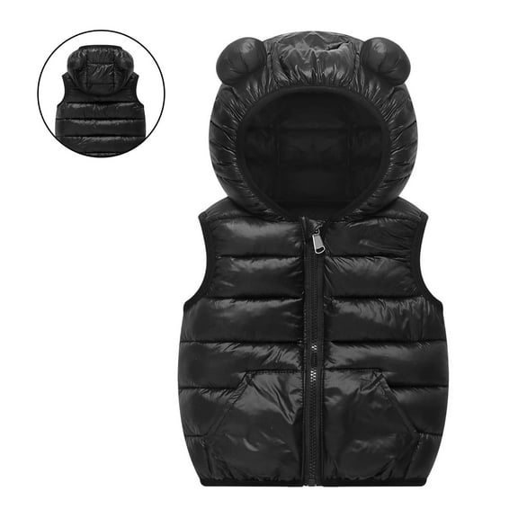 Toddler Boys Puffer Vest Hooded Jacket Boys Black Vest Full-Zip Lightweight Sleeveless Bear Ears down Jacket Girls Vests 12-18 Months