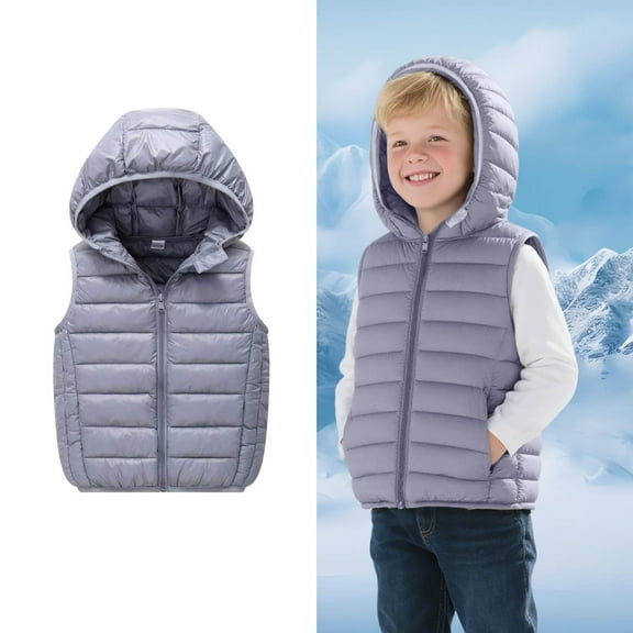 Toddler Boys Puffer Vest Hooded Jacket Grey Vest Kids Zip up Lightweight Waterproof Sleeveless Outwear Kids Girls Winter Vest 3-4 Years