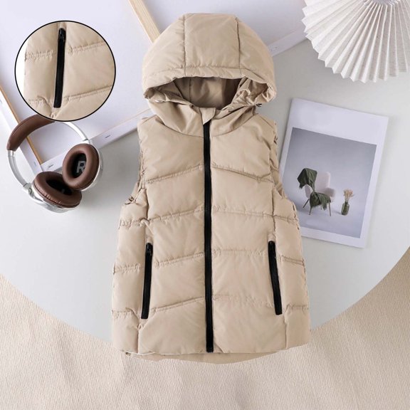 Toddler Boys Puffer Vest Hooded Jacket Khaki Vest Kids Zipper Lightweight Sleeveless down Jacket Girls Vests 3-4 Years