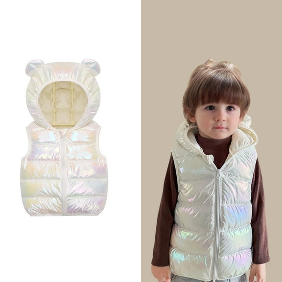 Toddler Boys Puffer Vest Hooded White Vest Kids Zip up Lightweight Sleeveless Bear Ears down Jacket Winter Clothes 1-2 Years