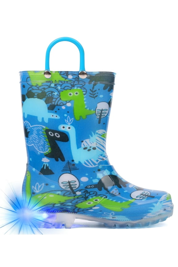Toddler Boys Rain Boots Little Kids Baby Light Up Rubber Printed Waterproof Mud Insulated Shoes Blue Green Dinosaur Lightweight Adorable with Easy-on Handles Non Slip Size 1
