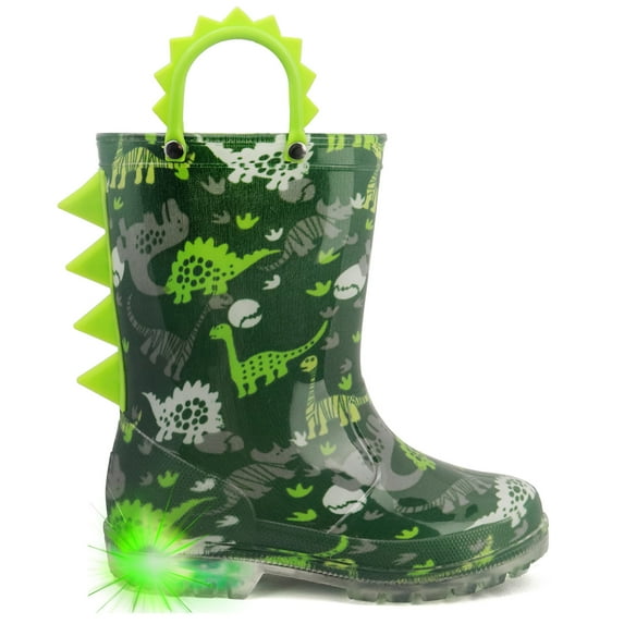 Toddler Boys Rain Boots Little Kids Baby child Light Up Waterproof Rubber Shoes Printed Mud Lightweight Adorable with Easy-On Handles Non Slip Sole Dinosaur Green Size 11