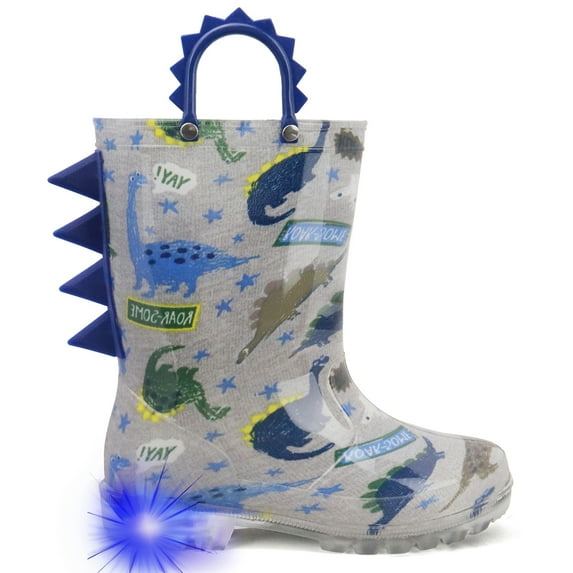 Toddler Boys Rain Boots Little Kids Baby child Light Up Waterproof Rubber Shoes Printed Mud Lightweight Adorable with Easy-On Handles Non Slip Sole Dinosaur Blue Grey Size 7