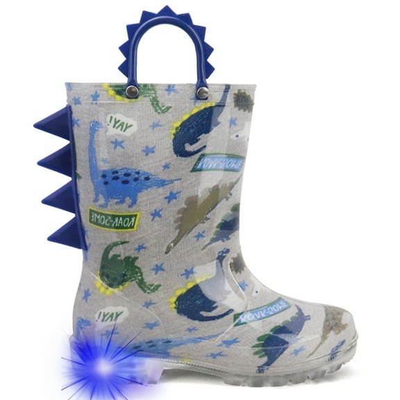 Toddler Boys Rain Boots Little Kids Baby child Light Up Waterproof Rubber Shoes Printed Mud Lightweight Adorable with Easy-On Handles Non Slip Sole Dinosaur Blue Grey Size 12