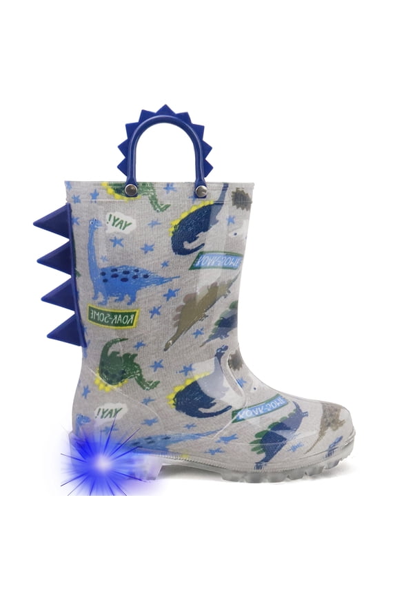 Toddler Boys Rain Boots Little Kids Baby child Light Up Waterproof Rubber Shoes Printed Mud Lightweight Adorable with Easy-On Handles Non Slip Sole Dinosaur Blue Grey Size 9
