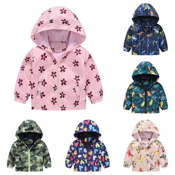 Toddler Boys Rain Jackets Girls Cartoon Prints Casual Light Coat Hooded Jacket Windproof Zipper Outwear Raincoat Windbreakers For Kids,18-24 Months,Z2 Pink