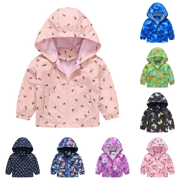 Toddler Boys Rain Jackets Girls Cartoon Prints Casual Light Coat Hooded Jacket Windproof Zipper Outwear Raincoat Windbreakers For Kids,2-3 Years,Z1 Light Pink