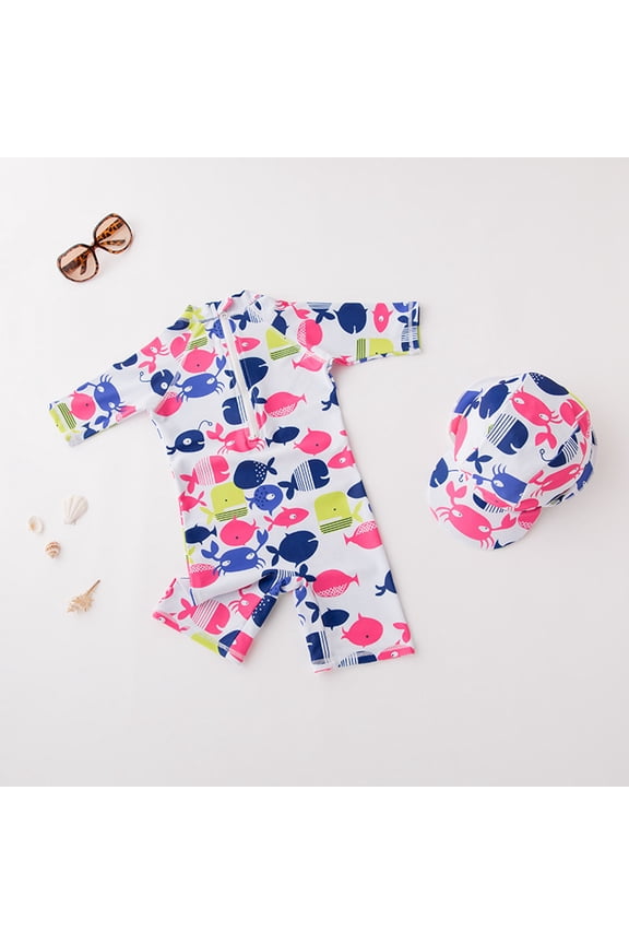 Toddler Boys Rash Guard Swim Set Toddler Summer Boys Swimming Jumpsuit Fashion Cartoon Fish Printed Pants Speed Dry Pants Surfing Swimming Swimwear With Hat Boys Swimwear for Family Beach Vacations